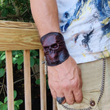 MADE TO ORDER Handcrafted Genuine Vegetal Leather Dark Brown Skull Design Cuff , Unisex Gift Skull Leather Bracelet