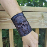Handcrafted Genuine Vegetal Leather Black Skull Design Cuff - Unisex Gift Embossed Skull Leather Bracelet