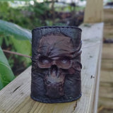 Handcrafted Genuine Vegetal Leather Black Skull Design Cuff - Unisex Gift Embossed Skull Leather Bracelet