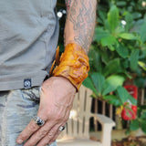 Handcrafted Genuine Vegetal Tan Color Leather Skull Design Cuff-Unique Gift Men's Skull Leather Wristband