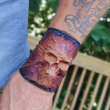 Handcrafted Genuine Brown and Black Vegetal Leather Embossed Skull Design Cuff, Unique Lifestyle Gift Skull Leather Bracelet-wristband
