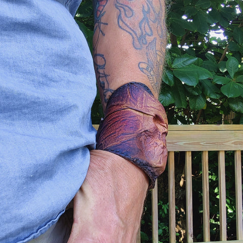 Handcrafted Genuine Brown and Black Vegetal Leather Embossed Skull Design Cuff, Unique Lifestyle Gift Skull Leather Bracelet-wristband