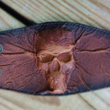 Handcrafted Genuine Brown and Black Vegetal Leather Embossed Skull Design Cuff, Unique Lifestyle Gift Skull Leather Bracelet-wristband