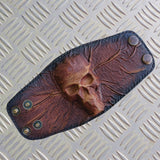 Handcrafted Genuine Brown and Black Vegetal Leather Embossed Skull Design Cuff, Unique Lifestyle Gift Skull Leather Bracelet-wristband