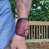Handcrafted Genuine Brown and Black Vegetal Leather Embossed Skull Design Cuff, Unique Lifestyle Gift Skull Leather Bracelet-wristband