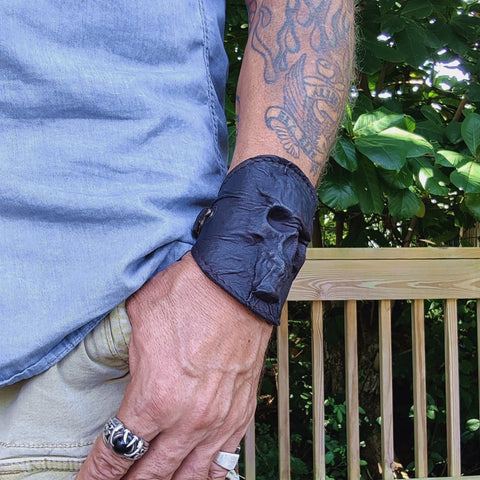 Handcrafted Genuine Black Vegetal Leather Embossed Skull Design Cuff, Unique Lifestyle Gift Skull Leather Bracelet-wristband