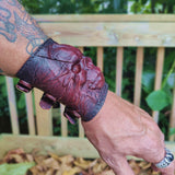 Handcrafted Genuine Maroon-Brown Vegetal Leather Embossed Skull Design Cuff - Unisex Gift Skull Leather Bracelet Wristband