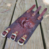 Handcrafted Genuine Maroon-Brown Vegetal Leather Embossed Skull Design Cuff - Unisex Gift Skull Leather Bracelet Wristband