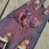 Handcrafted Genuine Maroon-Brown Vegetal Leather Embossed Skull Design Cuff - Unisex Gift Skull Leather Bracelet Wristband
