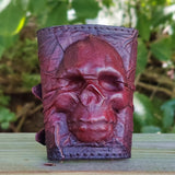 Handcrafted Genuine Maroon-Brown Vegetal Leather Embossed Skull Design Cuff - Unisex Gift Skull Leather Bracelet Wristband