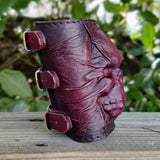 Handcrafted Genuine Maroon-Brown Vegetal Leather Embossed Skull Design Cuff - Unisex Gift Skull Leather Bracelet Wristband