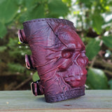 Handcrafted Genuine Maroon-Brown Vegetal Leather Embossed Skull Design Cuff - Unisex Gift Skull Leather Bracelet Wristband