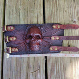 Handcrafted Genuine Maroon-Brown Vegetal Leather Embossed Skull Design Cuff - Unisex Gift Skull Leather Bracelet Wristband
