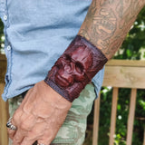 Handcrafted Genuine Maroon-Brown Vegetal Leather Embossed Skull Design Cuff - Unisex Gift Skull Leather Bracelet Wristband