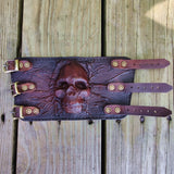 Handcrafted Genuine Maroon-Brown Vegetal Leather Embossed Skull Design Cuff - Unisex Gift Skull Leather Bracelet Wristband