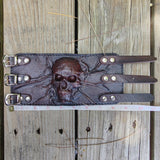 Handcrafted Genuine Dark Brown Vegetal Leather Embossed Skull Design Cuff - Unisex Gift Skull Leather Bracelet Wristband
