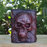 Handcrafted Genuine Dark Brown Vegetal Leather Embossed Skull Design Cuff - Unisex Gift Skull Leather Bracelet Wristband