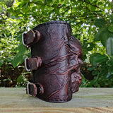 Handcrafted Genuine Dark Brown Vegetal Leather Embossed Skull Design Cuff - Unisex Gift Skull Leather Bracelet Wristband