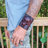 Handcrafted Genuine Dark Brown Vegetal Leather Embossed Skull Design Cuff - Unisex Gift Skull Leather Bracelet Wristband