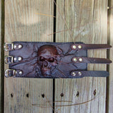 Handcrafted Genuine Dark Brown Vegetal Leather Embossed Skull Design Cuff - Unisex Gift Skull Leather Bracelet Wristband