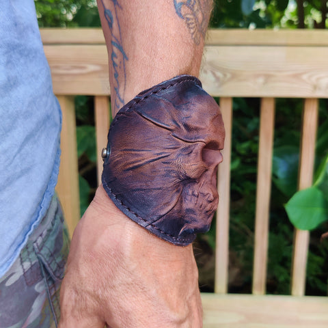 Handcrafted Genuine Brown Vegetal Leather Embossed Skull Design Cuff-Unique Lifestyle Gift Skull Leather Bracelet-wristband