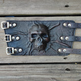 Handcrafted Genuine Black Vegetal Leather Embossed Skull Design Cuff - Unisex Gift Skull Leather Wristband-Bracelet
