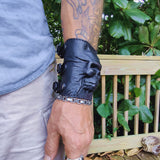 Handcrafted Genuine Black Vegetal Leather Embossed Skull Design Cuff - Unisex Gift Skull Leather Wristband-Bracelet