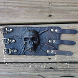 Handcrafted Genuine Black Vegetal Leather Embossed Skull Design Cuff - Unisex Gift Skull Leather Wristband-Bracelet