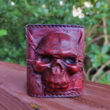 MADE TO ORDER-Handcrafted Genuine Maroon Vegetal Leather Embossed Skull Design Cuff - Unisex Gift Skull Leather Bracelet Wristband