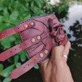 MADE TO ORDER-Handcrafted Genuine Maroon Vegetal Leather Embossed Skull Design Cuff - Unisex Gift Skull Leather Bracelet Wristband