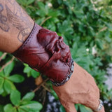 MADE TO ORDER-Handcrafted Genuine Maroon Vegetal Leather Embossed Skull Design Cuff - Unisex Gift Skull Leather Bracelet Wristband
