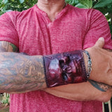 MADE TO ORDER-Handcrafted Genuine Maroon Vegetal Leather Embossed Skull Design Cuff - Unisex Gift Skull Leather Bracelet Wristband