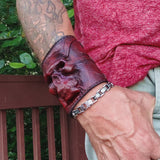 MADE TO ORDER-Handcrafted Genuine Maroon Vegetal Leather Embossed Skull Design Cuff - Unisex Gift Skull Leather Bracelet Wristband