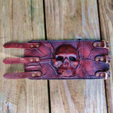 MADE TO ORDER-Handcrafted Genuine Maroon Vegetal Leather Embossed Skull Design Cuff - Unisex Gift Skull Leather Bracelet Wristband