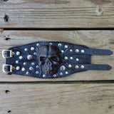 Handcrafted Genuine Vegetal Black Leather Embossed Skull Design With Revit's Cuff - Unisex Cool Gift Skull Leather Bracelet Wristband