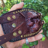 Handcrafted Genuine Vegetal Brown Leather Embossed Skull Design With Revit's Cuff - Unisex Cool Gift Skull Leather Bracelet Wristband