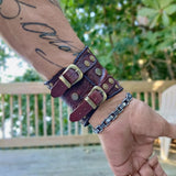 Handcrafted Genuine Vegetal Brown Leather Embossed Skull Design With Revit's Cuff - Unisex Cool Gift Skull Leather Bracelet Wristband