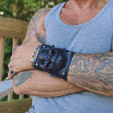 Handcrafted Genuine Vegetal Black Leather Embossed Skull Design With Revit's Cuff - Unisex Cool Gift Skull Leather Bracelet Wristband