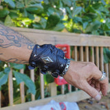 Handcrafted Genuine Vegetal Black Leather Embossed Skull Design With Revit's Cuff - Unisex Cool Gift Skull Leather Bracelet Wristband