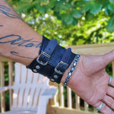 Handcrafted Genuine Vegetal Black Leather Embossed Skull Design Cuff - Unisex Cool Gift Skull Leather Bracelet Wristband
