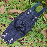 Handcrafted Genuine Vegetal Black Leather Embossed Skull Design Cuff - Unisex Cool Gift Skull Leather Bracelet Wristband