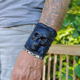 Handcrafted Genuine Vegetal Black Leather Embossed Skull Design Cuff - Unisex Cool Gift Skull Leather Bracelet Wristband