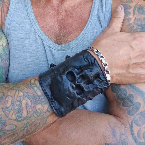 Handcrafted Genuine Vegetal Black Leather Embossed Skull Design Cuff - Unisex Cool Gift Skull Leather Bracelet Wristband