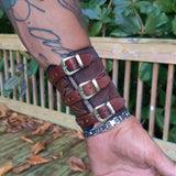 Handcrafted XL Genuine Vegetal Leather Rustic Brown Embossed Skull Design Cuff Unique Unisex Gift Skull Leather Bracelet Wristband