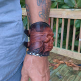 Handcrafted XXL Genuine Vegetal Leather Brown-Black Embossed Skull Design Cuff Unique Unisex Gift Skull Leather Bracelet Wristband