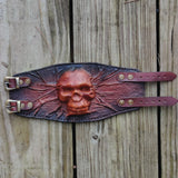 Handcrafted XXL Genuine Vegetal Leather Brown-Black Embossed Skull Design Cuff Unique Unisex Gift Skull Leather Bracelet Wristband