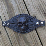 MADE TO ORDER Handcrafted Genuine Small Black Vegetal Leather Embossed Skull Design Cuff, Unique Lifestyle Gift Skull Leather Bracelet-Wristband