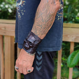 Made To Order-Handcrafted Medium Size Black Vegetal Leather Embossed Skull Design Cuff, Unique Gift Skull Leather Bracelet-Wristband