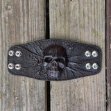 Made To Order-Handcrafted Medium Size Black Vegetal Leather Embossed Skull Design Cuff, Unique Gift Skull Leather Bracelet-Wristband