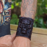 MADE TO ORDER - Handcrafted Small Size Genuine Black Vegetal Leather Embossed Skull Design Cuff, Unique Lifestyle Gift Skull Leather Bracelet-Wristband
